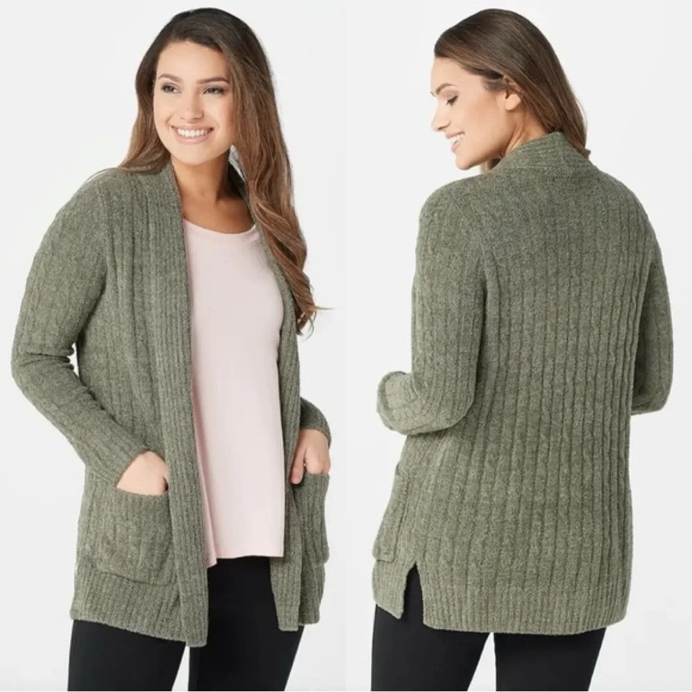 Barefoot Dreams CozyChic Lite Cable Knit Cardigan Open Front in Olive Green 1X